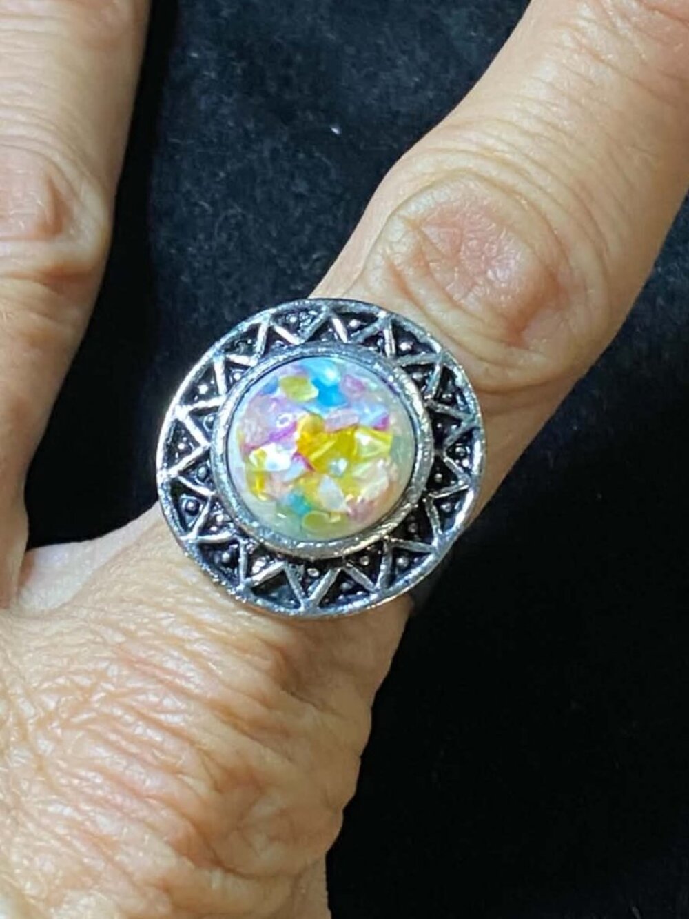 Vintage Faux Opal Glitter Adjustable Antique Silver tone Ring - Picture 2 of 5